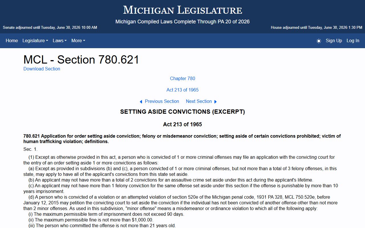 Allegan County criminal court records set-aside application statute